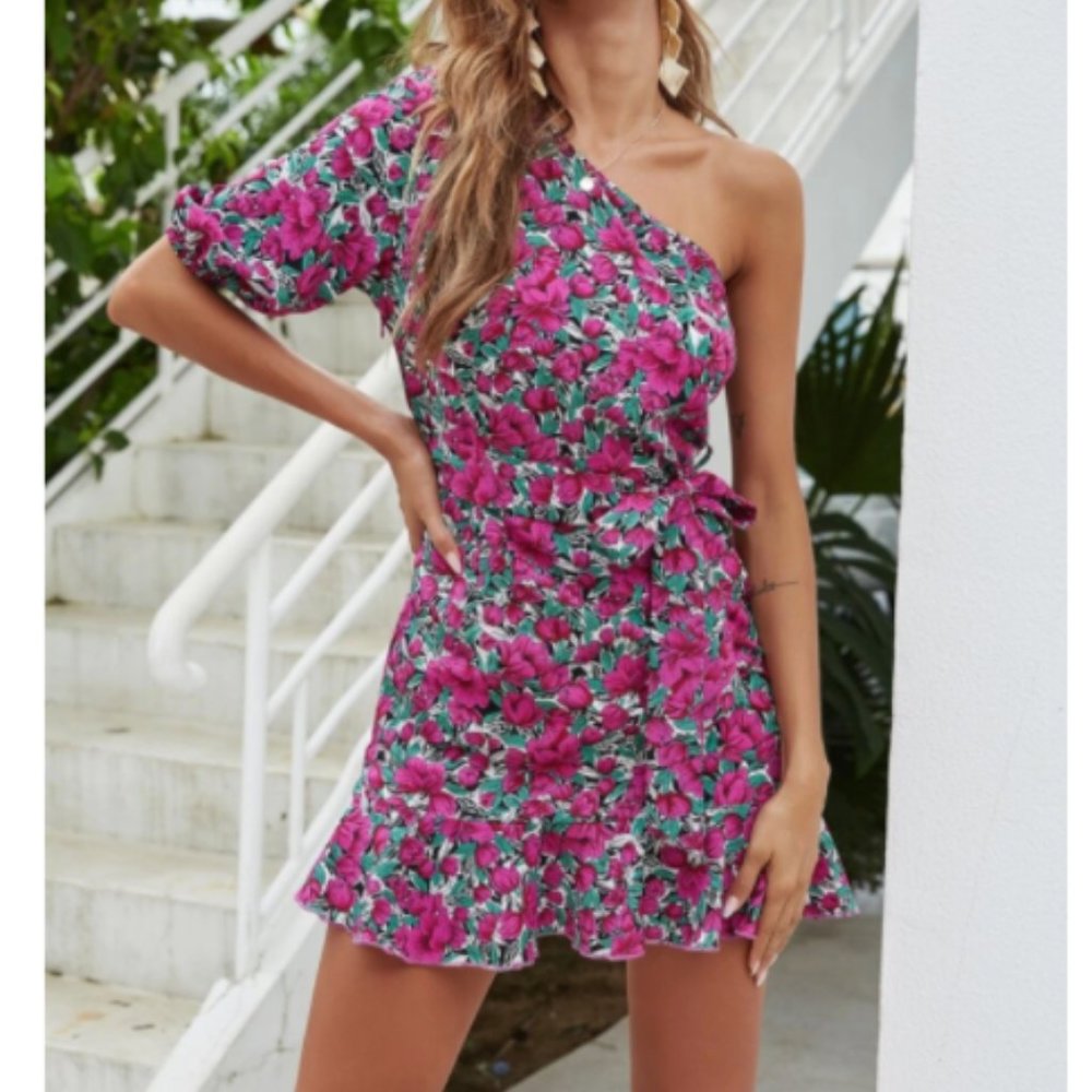 One Shoulder Floral Print Belted Dress